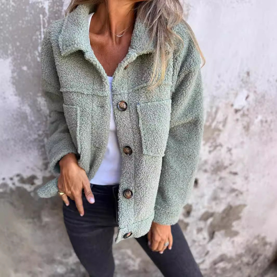 Manteau en Laine d'Agneau à Col Revers et Boutonnage Simple pour Femme